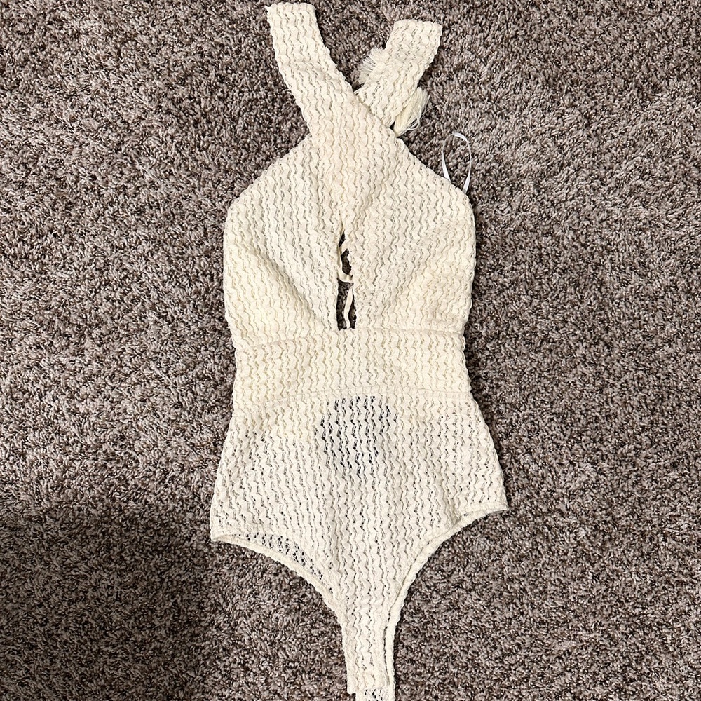 Cream Knit Textured Cutout Lace-Up Halter Bodysuit